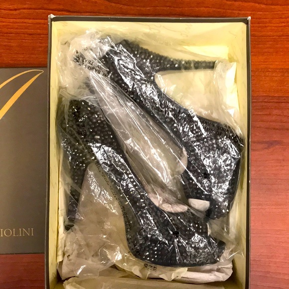 Enzo sparkly embellished Black evening 🍾Platform peep toe pumps - Picture 4 of 5